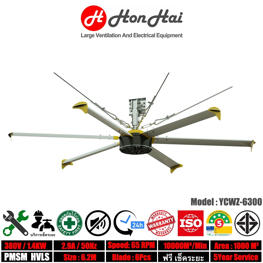 HonHai HVLS FAN พัดลมอุตสาหกรรม ขนาด 6.3เมตร พัดลมยักษ์ PMSM มอเตอร์แม่เหล็กถาวร พัดลมโรงงาน ติดตั้ง