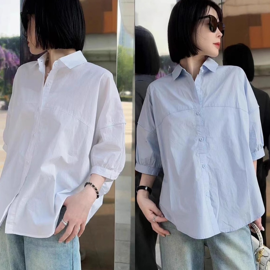 เสื้อเชิ้ตแขนสั้นผู้หญิง เสื้อตัวบนลำลอง ทรงหลวม ระบายอากาศ สีพื้น แมตช์ได้ทุกวัน