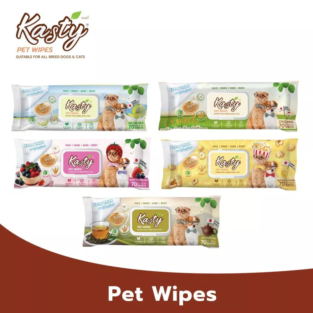 Kasty Pet Wipes ผ้าเปียกเช็ดทำความสะอาด ทิชชู่เปียก สำหรับสุนัขและแมว ขนาดแผ่น 24 x 22 ซม. (70 แผ่น/ แพ็ค)
