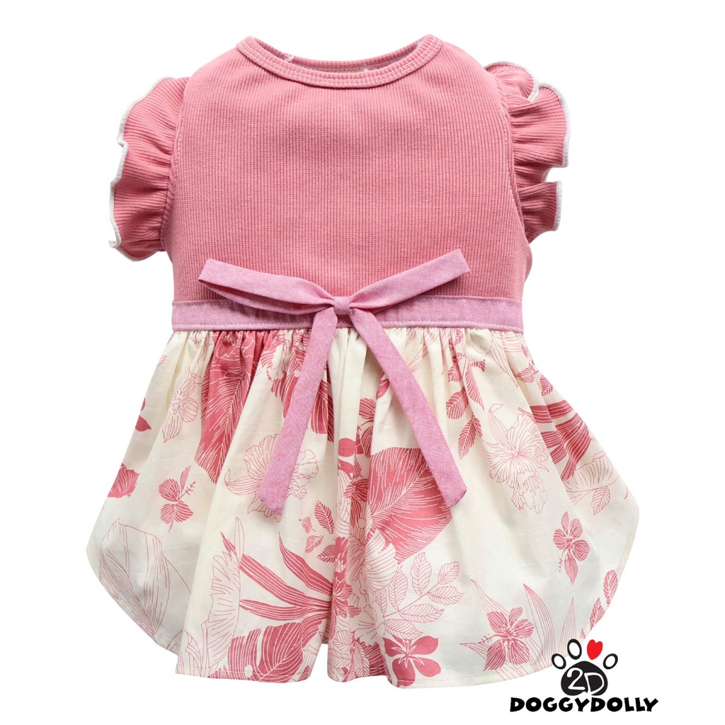 Pet clothes -Doggydolly เสื้อผ้าแฟชั่น น้องหมาน้องแมว ชุดกระโปรง แขนกุด สีชมพูอมแดง ลายใบไม้ ขนาดไซส์ 1-9โล D897