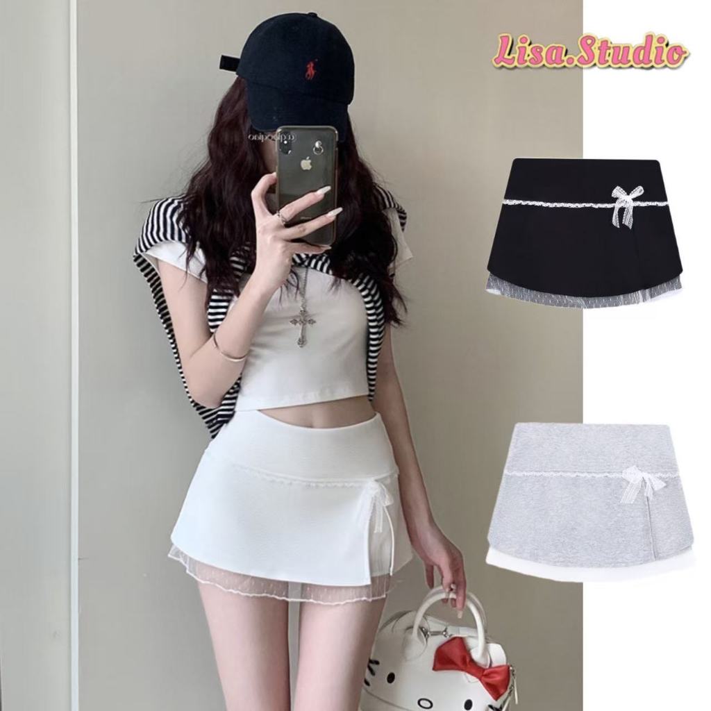 Lisa พร้อมส่ง🍑💞กระโปรงมินิ แต่งลูกไม้ ติดโปว์ Y2K Skirt กระโปรงสั้นทรงเอ ทรงรัดรูป มีกางเกงซับใน สีพื้น เซ็กซี่สุดๆแก๋ๆ