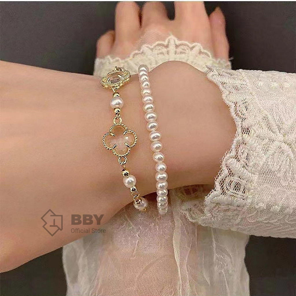BBY สร้อยข้อมือเกาหลี ไข่มุก-ใบโคลเวอร์นำโชค แบบมินิมอลวินเทจ B024