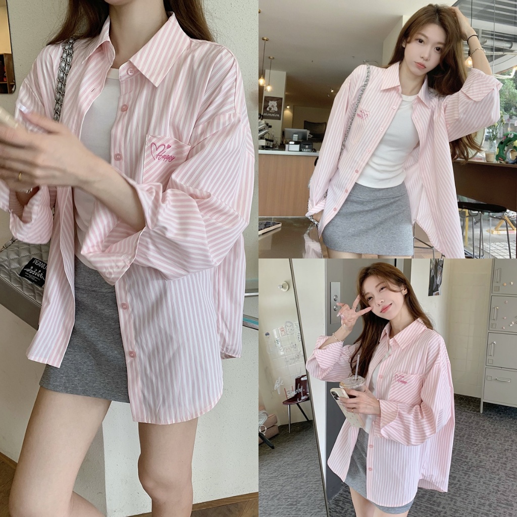 Blossom Closet💕เสื้อเชิ้ตเกาหลี เสื้อเชิ้ตลายทางผู้หญิง แขนยาว สีชมพู ทรงหลวม