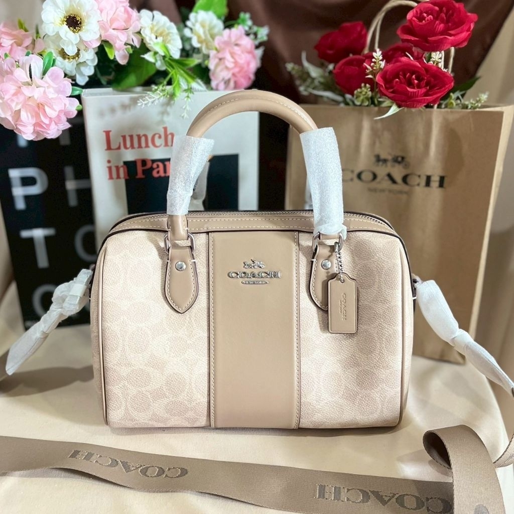 กระเป๋าสะพายข้างทรงหมอน COACH CW376 Rowan Satchel In Signature Canvas With Stripe