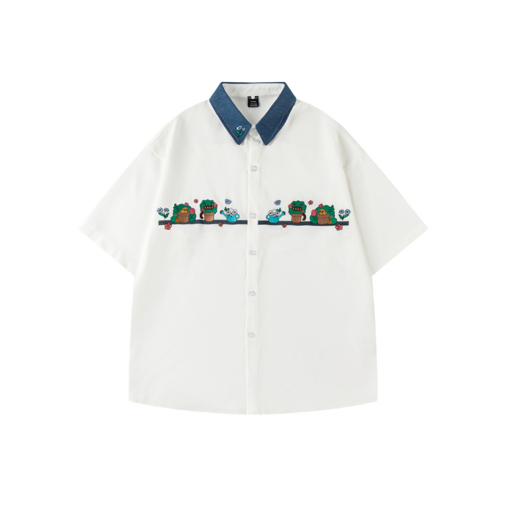 เสื้อเชิ้ตแขนสั้นงานปัก คอปกยีนส์ Premium Korea Shirt Homie Style
