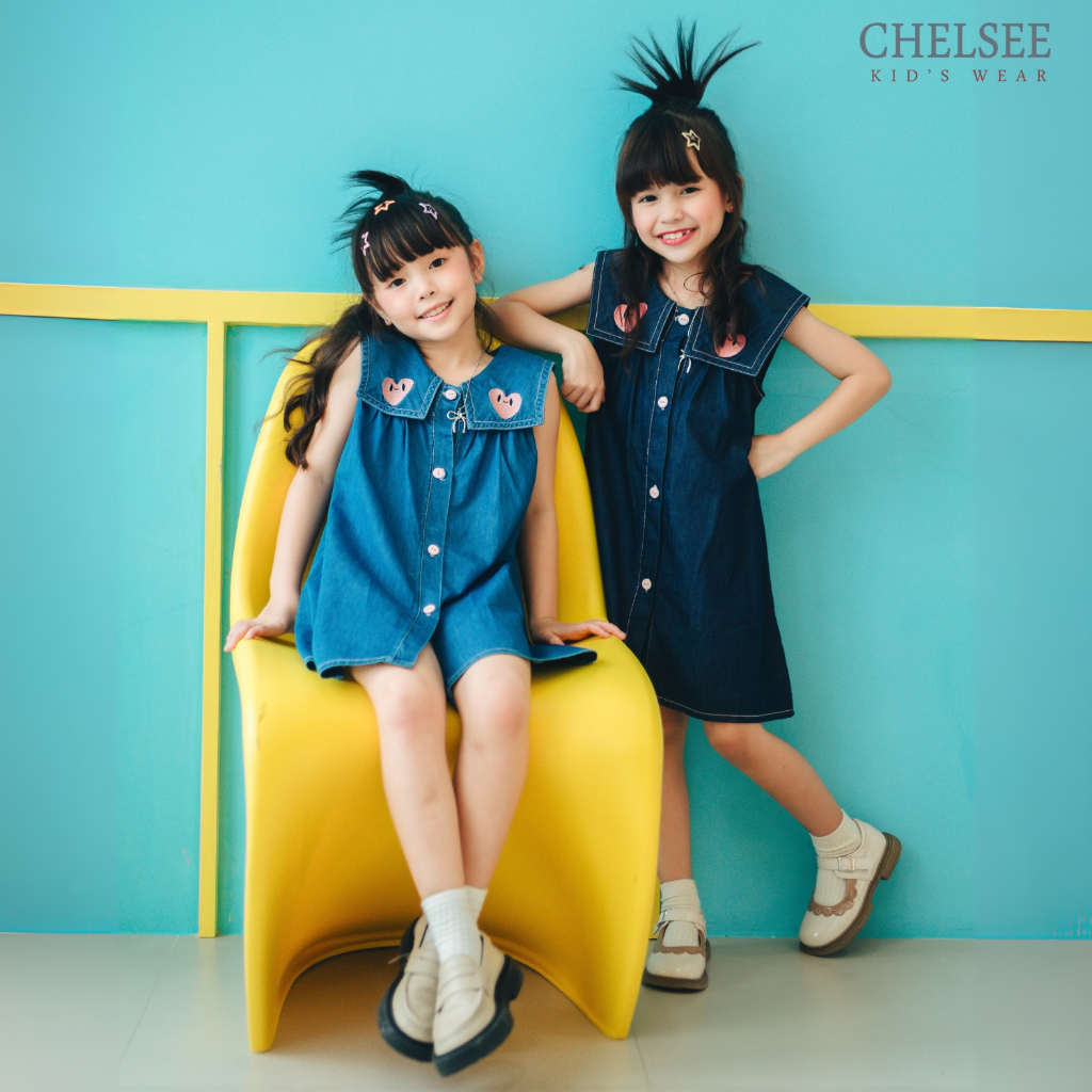 Chelsee ชุดยีนส์เดรสกระโปรง ปกเหลี่ยม ปักรูปหัวใจ ผ้ายีนส์ เดนิม เบา เด็กผู้หญิง อายุ 1.5-10 ปี เสื้อผ้าเด็ก รุ่น 238170