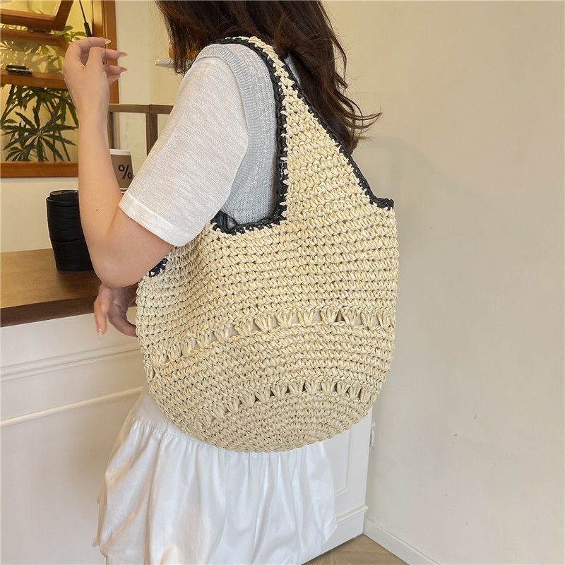 B380) Large capacity tote bag for women's summer new handmade woven single shoulder beach vacation style beach bag
