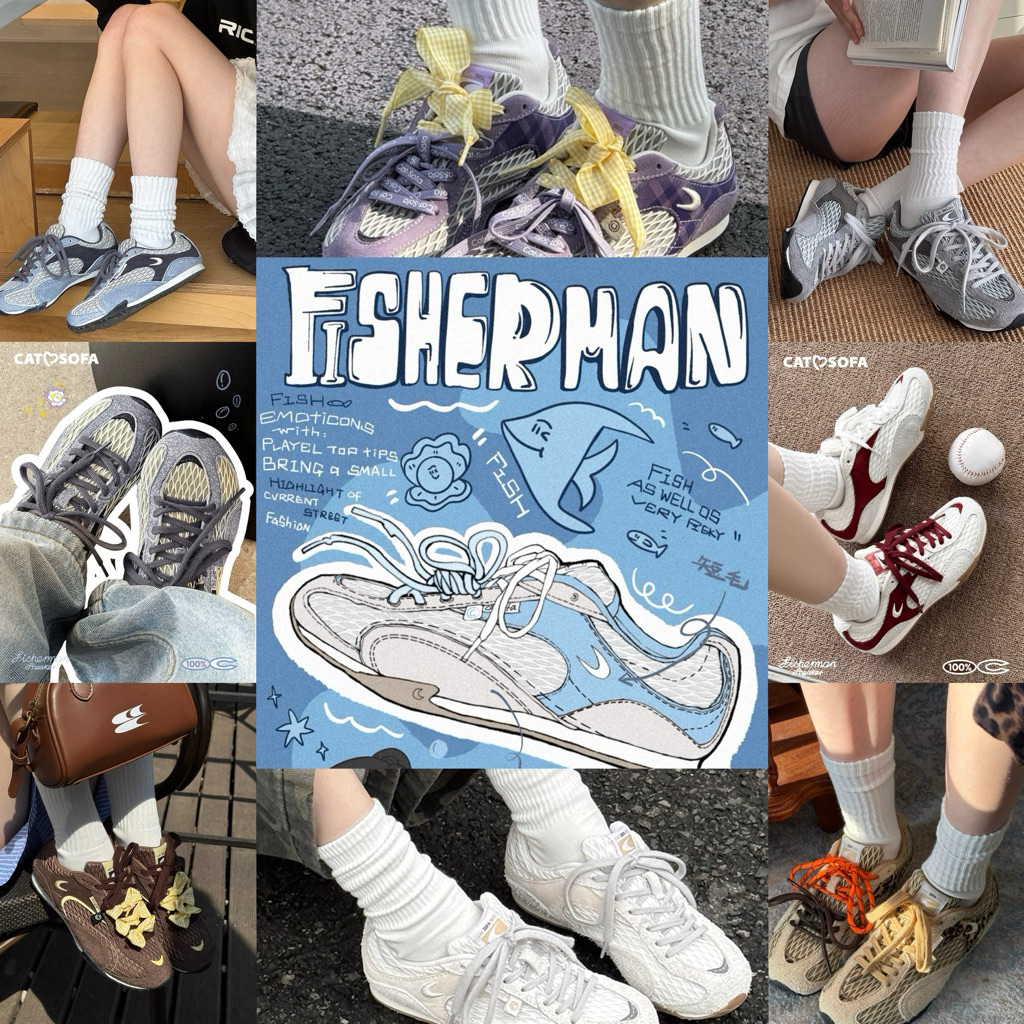 [มัดรวมรองเท้าตาข่าย Fisherman Series] Cat and Sofa Breathable Sports รองเท้าผ้าใบMeshระบายอากาศ วินเทจ แถมถุงตาข่าย