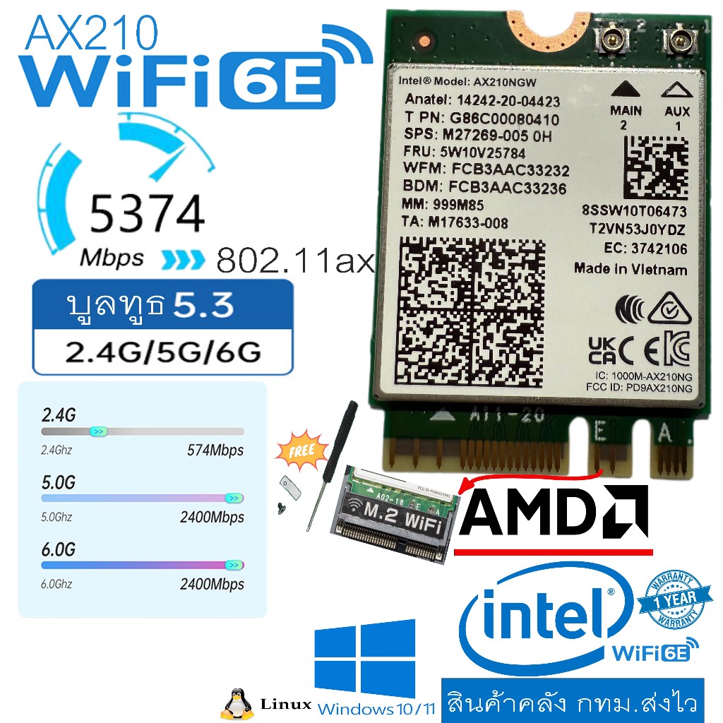 การ์ดwifi6E Intel AX210 008 M.2 ใหม่ที่สุดเร็วที่สุด2.4GHz 5GHz 6GHzBluetooth5.3 MU-MIMO OFDMAแท้