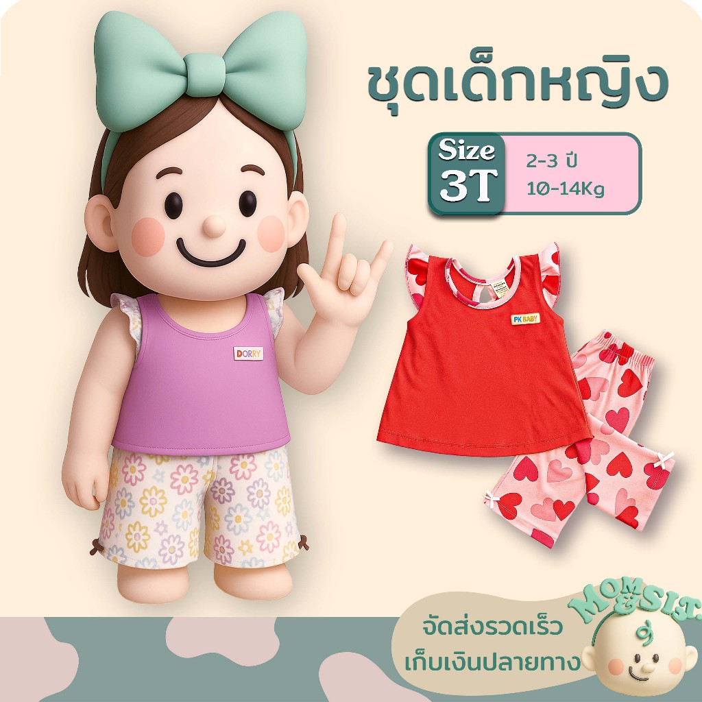 ชุดเด็กผู้หญิง เสื้อ+กางเกงขายาวมีโบว์ ไซส์ 3T (2-3 ปี/ 11-14กก.)