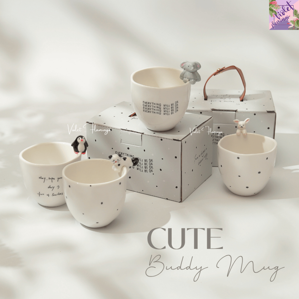 Violet Flamingo_Cute Buddy Mug แก้วเซรามิคมีตุ๊กตาสัตว์สุดคิ้วท์เกาะที่ขอบแก้ว แก้วน้ำสีขาว แก้วน้ำชา แก้วกาแฟพร้อมกล่อง