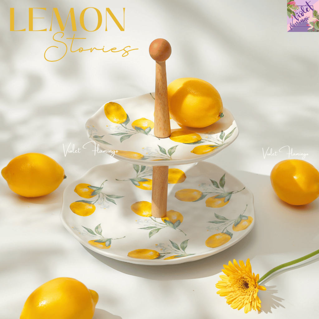 Violet Flamingo จาน 2 ชั้นลายเลมอน Lemon Vivi Cake Stand จานเซรามิคลายเลมอน ก้านไม้ จานใบล่าง 10 นิ้ว ใบบน 8 นิ้ว