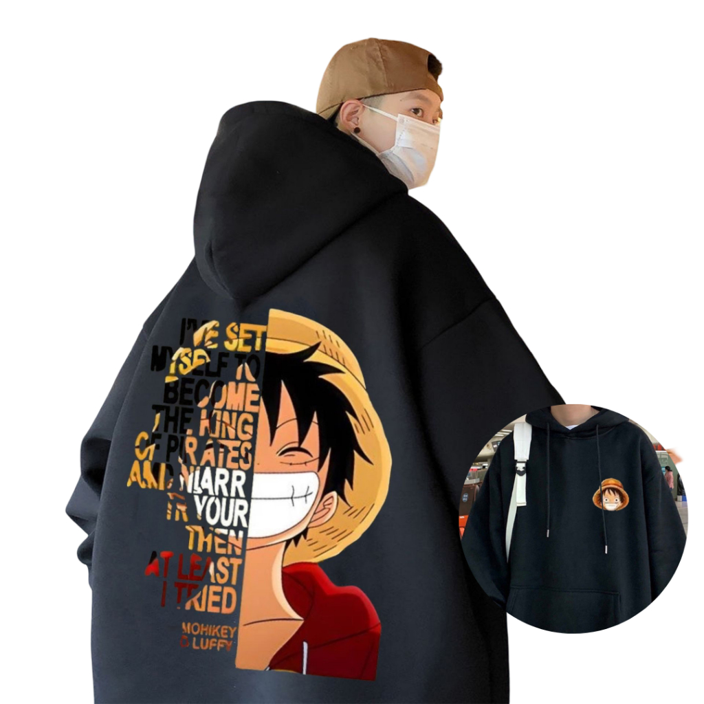 K873Mเสื้อฮู้ดแฟชั่น สไตส์วัยรุ่นเกาหลี ลายสกรีนหน้าหลังลูฟี เสื้อกันหนาวผู้ชาย เนื้อผ้านิ่มสบาย