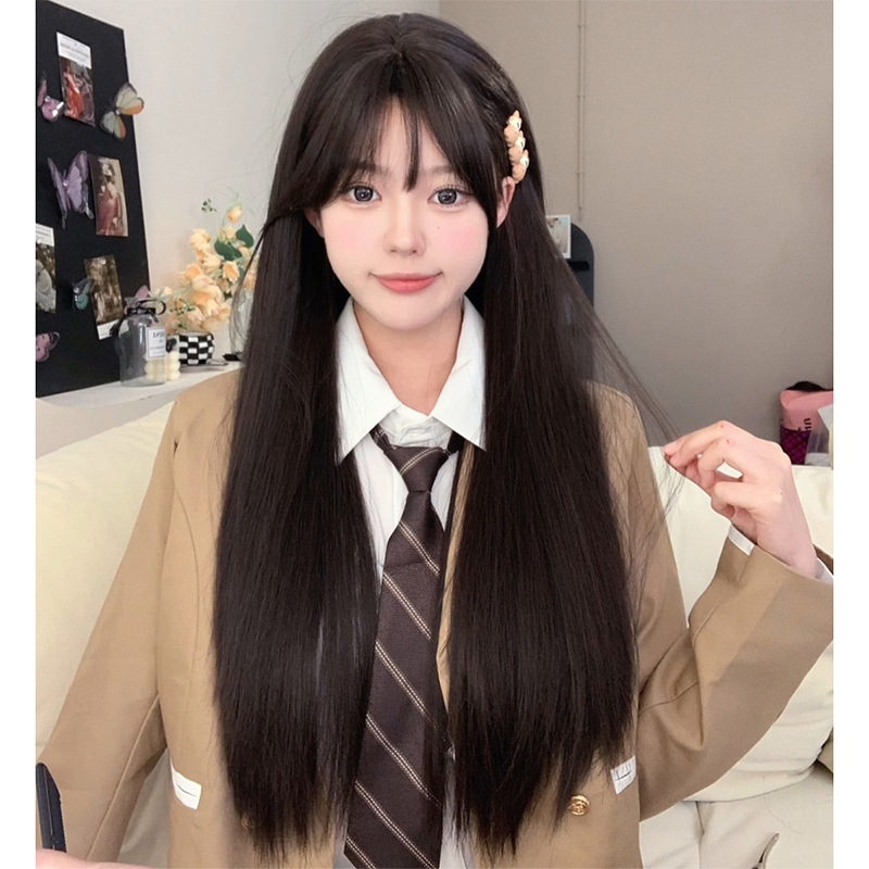 GDS Wigs วิกผมตรงสีน้ำตาลเข้ม มีหน้าม้า ปลายสไลด์ตัววี (ยาว 75 cm)