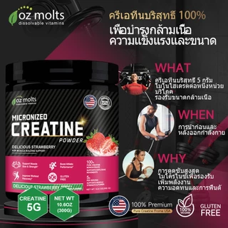 Ozmolts Creatine Monohydrate Powder ครีเอทีนผงไมครอน การเสริมสร้างกล้ามเนื้อและเพิ่มมวลกล้ามเนื้อ รสสตรอเบอร์รี่ 300กรัม
