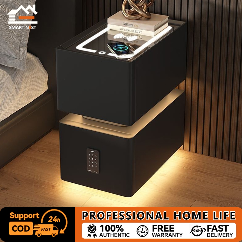 SMART NESTต๊ะข้างเตียงอัจฉริยะพร้อมโคมไฟ 2024 ห้องนอนเป็นไม้เนื้อแข็งใหม่หรูหราระดับ high-end เรียบง่ายทันสมัยตู้เก็บข