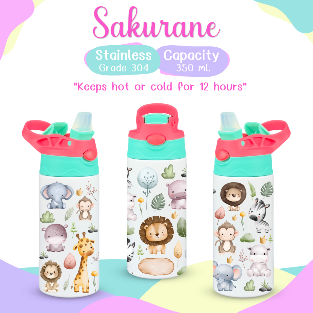 Sakurane แก้วน้ำเด็ก สแตนเลส304 ฝากดหลอดเด้ง ขนาด 350ml. (12oz) ขวดน้ำอนุบาล กระบอกน้ำเด็กไปโรงเรียน