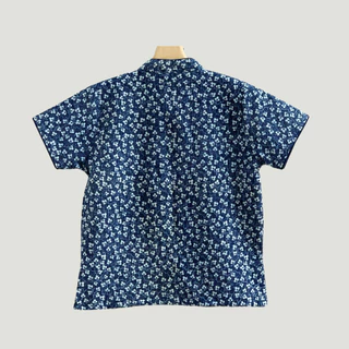 เสื้อคอจีนแขนสั้นผู้หญิงสีคราม กระดุมจีน เนื้อผ้าฝ้ายเกล็ดเต่าสโตนกัดลาย ทรงสวยน่ารัก เนื้อนุ่มสวมใส่สบายได้ทุกโอกาส