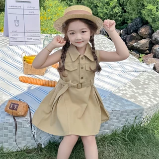2-9 ปี ชุดเด็กเกาหลี สีกากี งานยีนส์ สาวชุดแขนกุด นิ่มสบายๆ เด็กสาวโปโลปกแขนกุด ชุดเด็ก