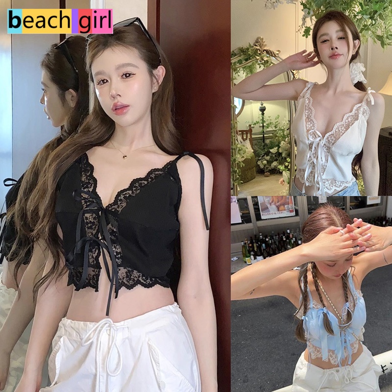 beachgirl เสื้อกั๊กลูกไม้ Camisole Top ลูกไม้ลูกไม้เย็บ สั้น ไม่มีแขน ผูกเชือก summer ส่งไวจากไทย