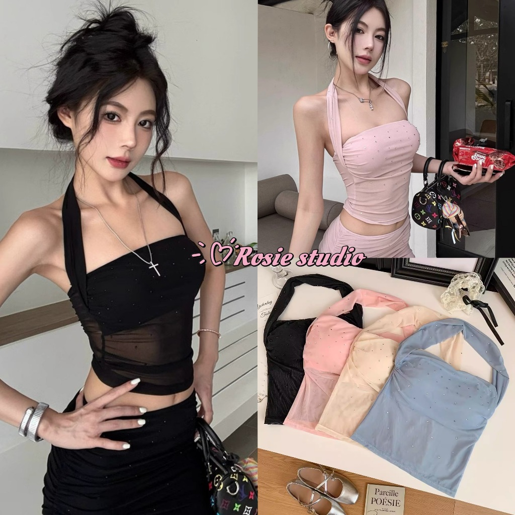 Rosieพร้อมส่ง💎เสื้อคล้องคอ เสื้อกล้ามคอกว้าง มีฟองน้ำ ประดับเพชร ผ้าซีทรู แขนกุดู เสื้อครอปตาข่ายทรงเข้ารูป เซ็กซี่สุดฮอ