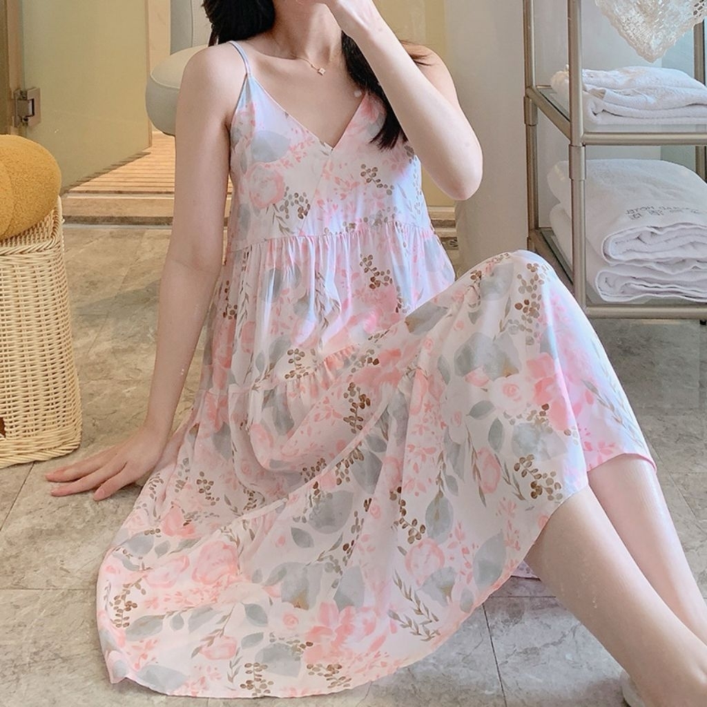 พร้อมส่ง ชุดนอนสายเดี่ยว ชุดนอนเดรส ชุดคลุมท้อง เดรสสายเดี่ยว อกฟรีไซร์ คอวี