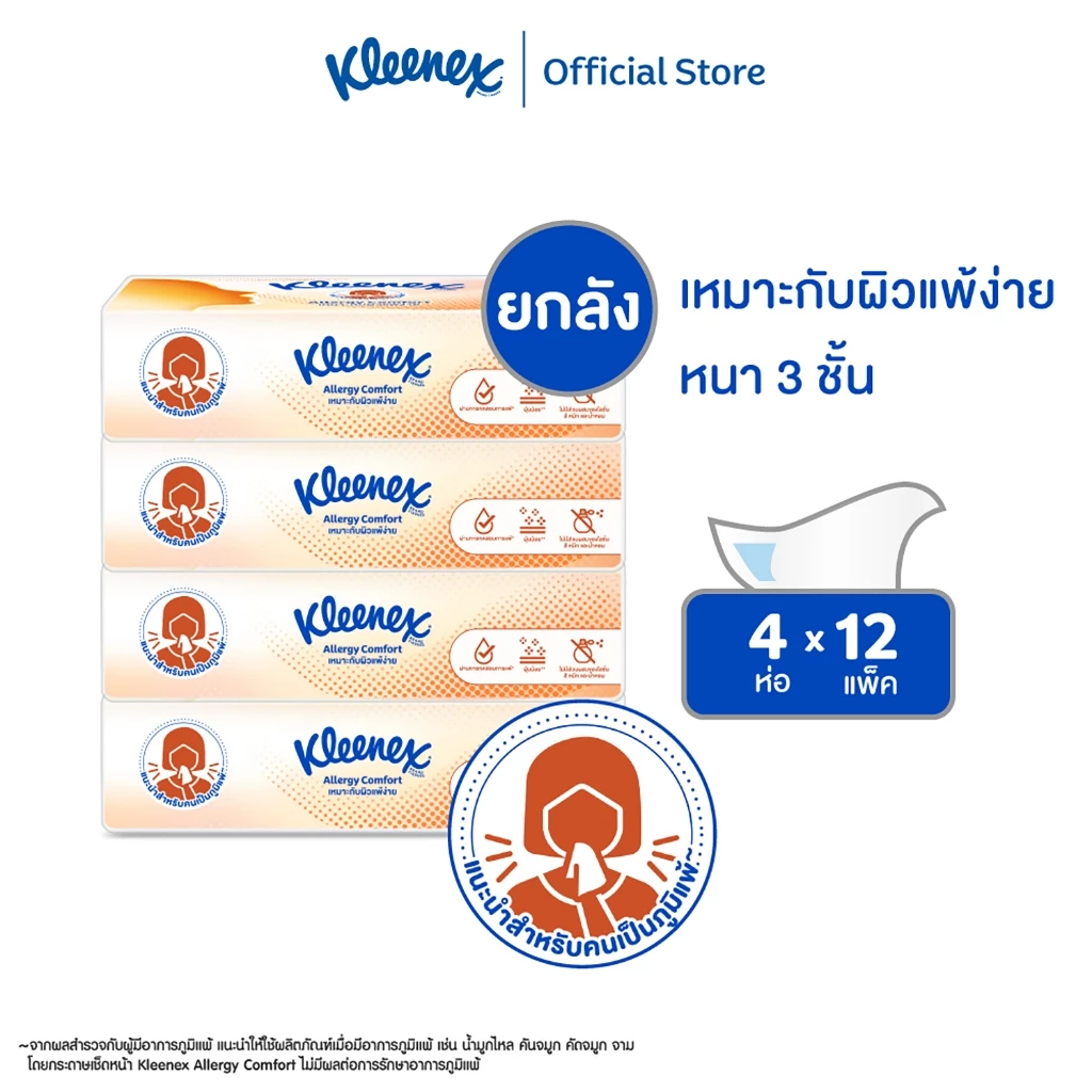 [ยกลัง]กระดาษเช็ดหน้า คลีเน็กซ์ ®เอเลอร์จี คอมฟอร์ท ซอฟท์ บ๊อกซ์68แผ่น 4 ห่อKleenex® Allergy Comfort Soft Box 68sheet x4