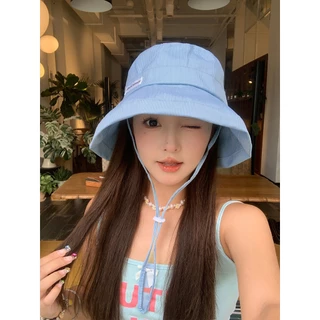 [W0304] หมวกบักเก็ตลายทาง ติดป้ายอักษร มีสายรัดคาง นํ้าหนักเบา พกพาง่าย ใส่กันแดด สีพาสเทลน่ารักมาก