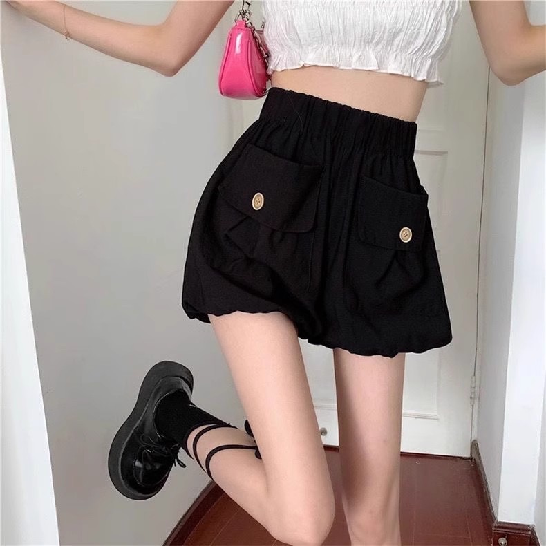 กางเกงขาสั้นสไตล์เกาหลี กางเกงลำลองผู้หญิง เอวสูง หลวม กระเป๋าใหญ่ เชือกผูก เรียบง่ายและอเนกประสงค์ - รูปที่ 3