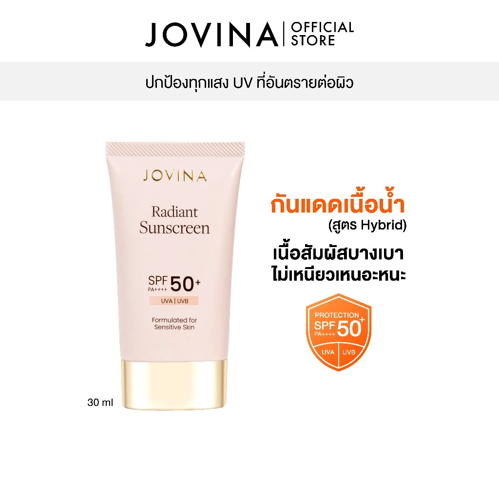 ครีมกันแดด Jovina Radiant Sunscreen SPF 50+ PA++++ ปกป้องผิวจากแสงแดดและฝุ่น PM2.5 ขนาด 30ml