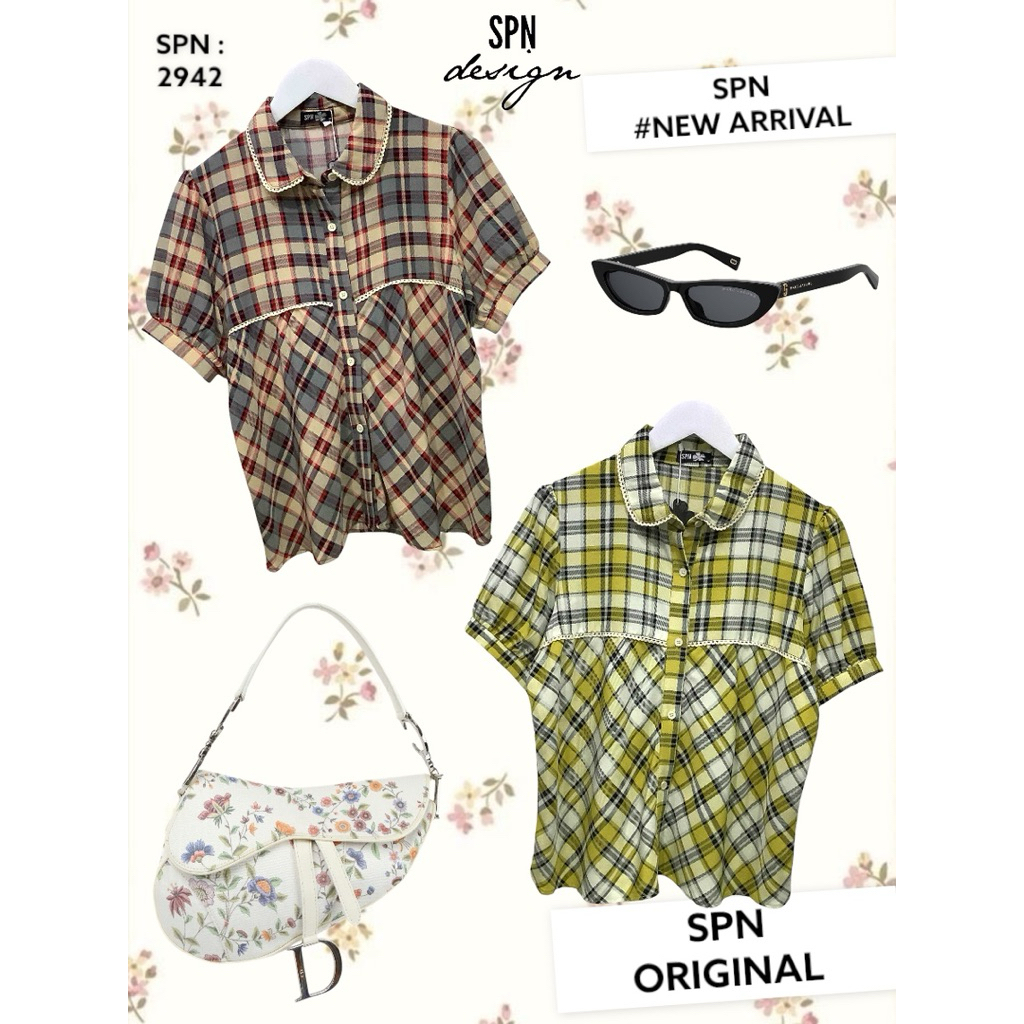 SPN 2942 เสื้อคอปกแขนสั้น ผ้าชีฟองลายสก็อต ความยาว 23”