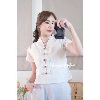 เสื้อผ้าฝ้ายคอวีแขนสั้นกระดุมเมทัลลิค