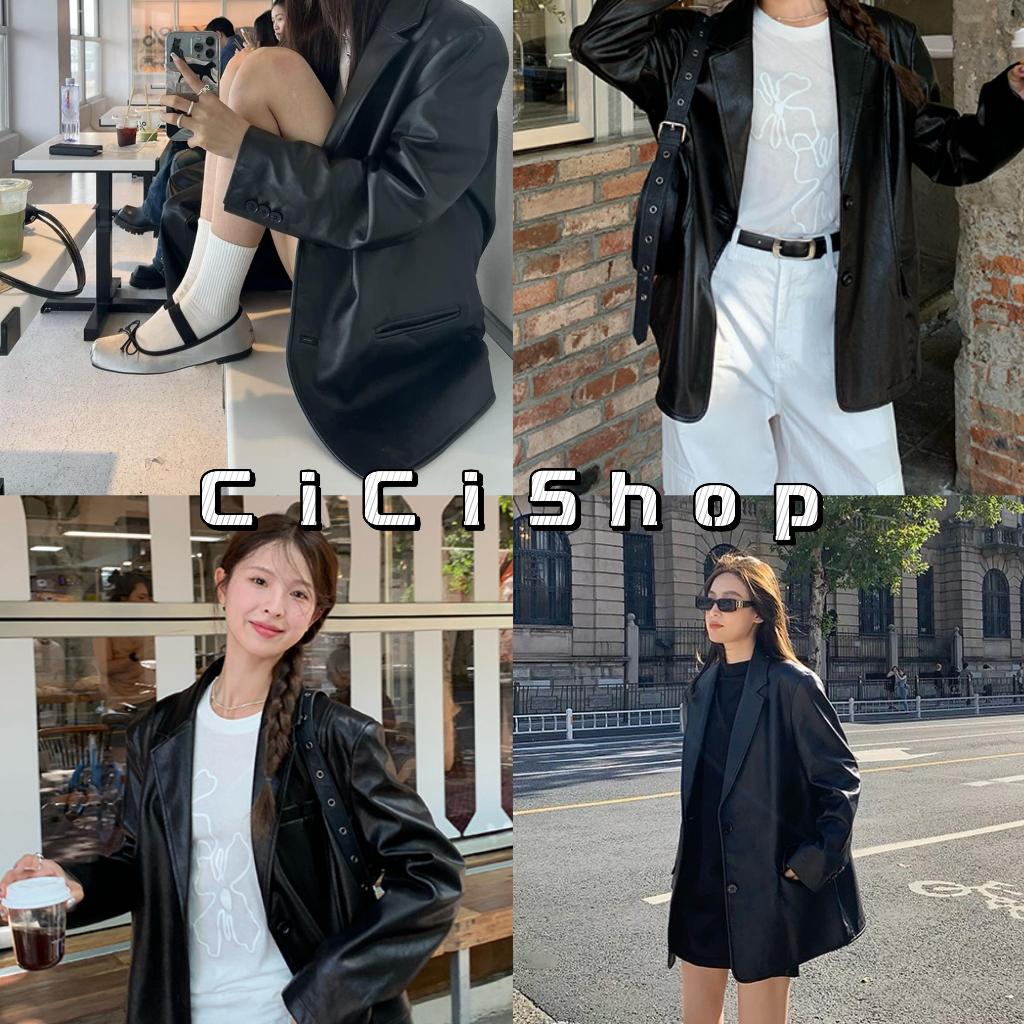 Cicishop(5132)เสื้อเบลเซอร์หนังโอเวอร์ไซส์ เสริมฟองน้ำบ่า มีซับในทั้งตั้ว กระเป๋าใช้ได้จริง งานดีมาก