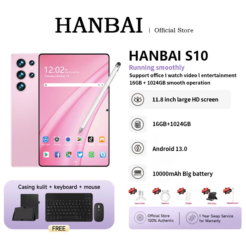 【ซื้อ1แถม8】HANBAI Tablet 11.8 inch S10 | RAM 16GB + 1024GB ROM | Tablet + Mouse + Keyboard + Case | 