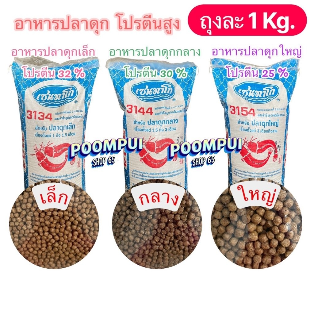 อาหารปลาดุกเล็ก กลาง ใหญ่ โปรตีนสูง แบ่งขายถุงละ1kg. ยี่ห้อเซนทาโก