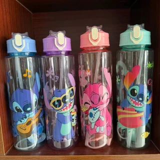 Stitch ขวดน้ําพลาสติก ความจุ700ml แบบพกพา ขวดน้ำพลาสติกลายน่ารัก พร้อมหลอด กันรั่ว ขวดน้ำสำหรับเด็ก