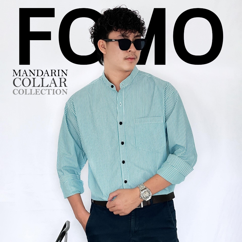 FOMO-เสื้อเชิ้ตคอจีนลายทาง สีเขียวมิ้นท์ เสื้อเชิ้ตคอจีน เสื้อคอจีน