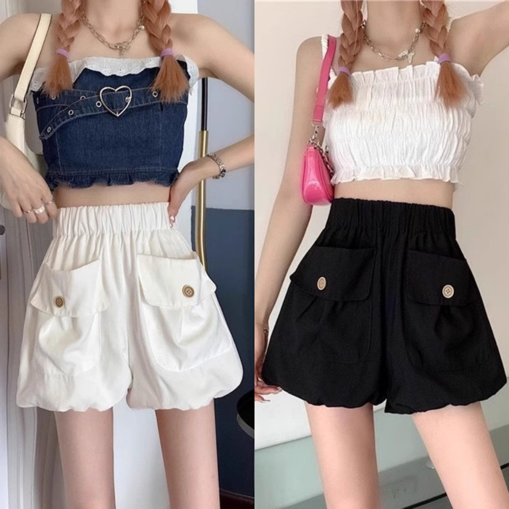 กางเกงขาสั้นสไตล์เกาหลี กางเกงลำลองผู้หญิง เอวสูง หลวม กระเป๋าใหญ่ เชือกผูก เรียบง่ายและอเนกประสงค์