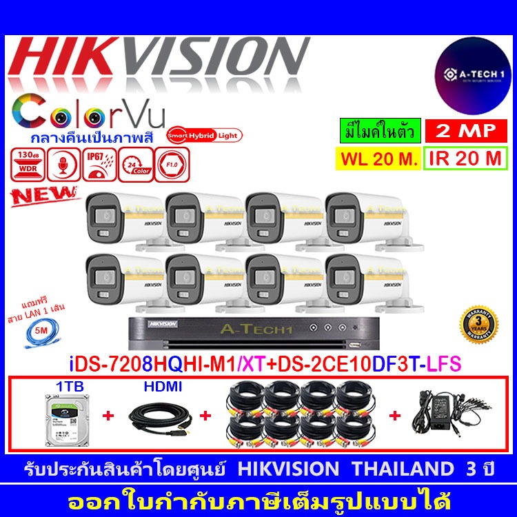 HIKVISION COLORVU 2MP DS-2CE10DF3T-LFS 2.8/3.6mm(8)+IDS-7208HQHI-M1/XT(1)+1TB/2TB/4TB FUSET