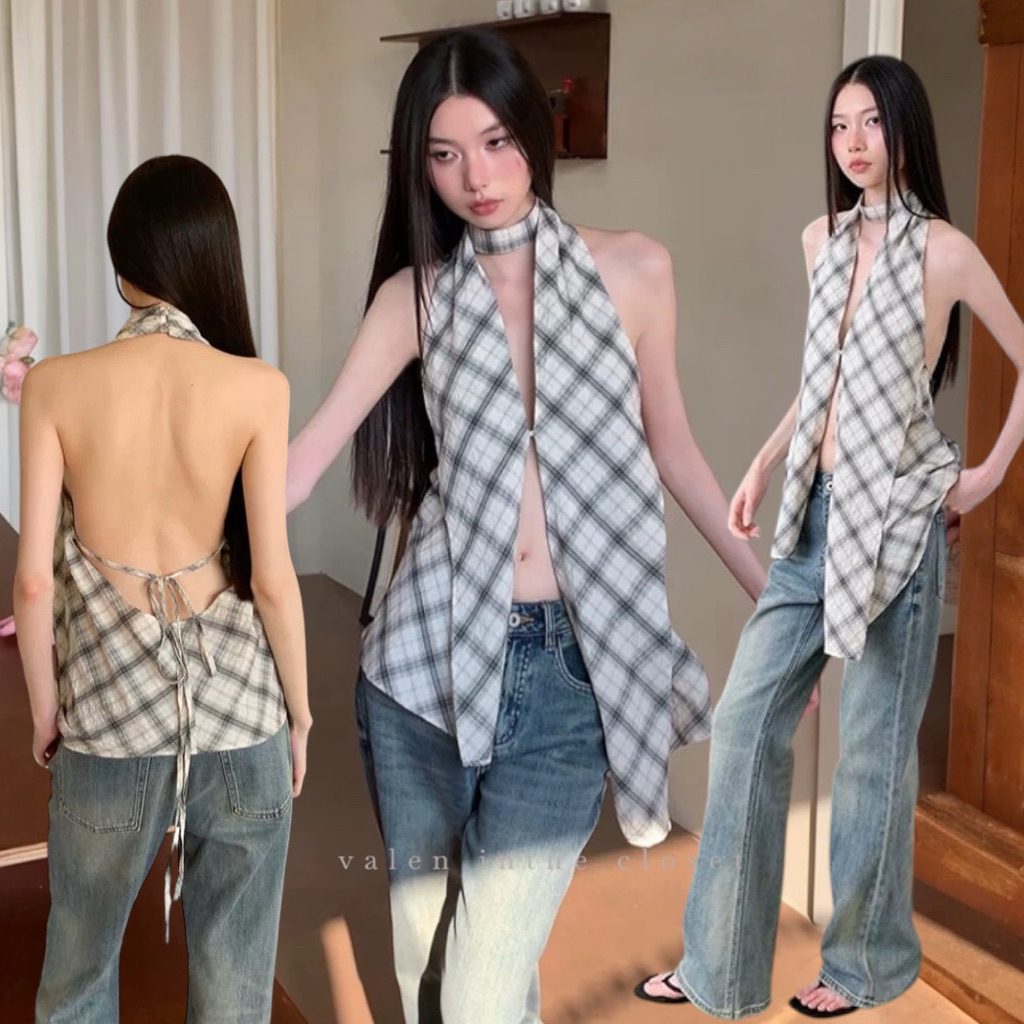 ส่งด่วน ✔️🍑 เสื้อคล้องคอลายสก็อต ด้านหลังมีเชือกผูกโบว์