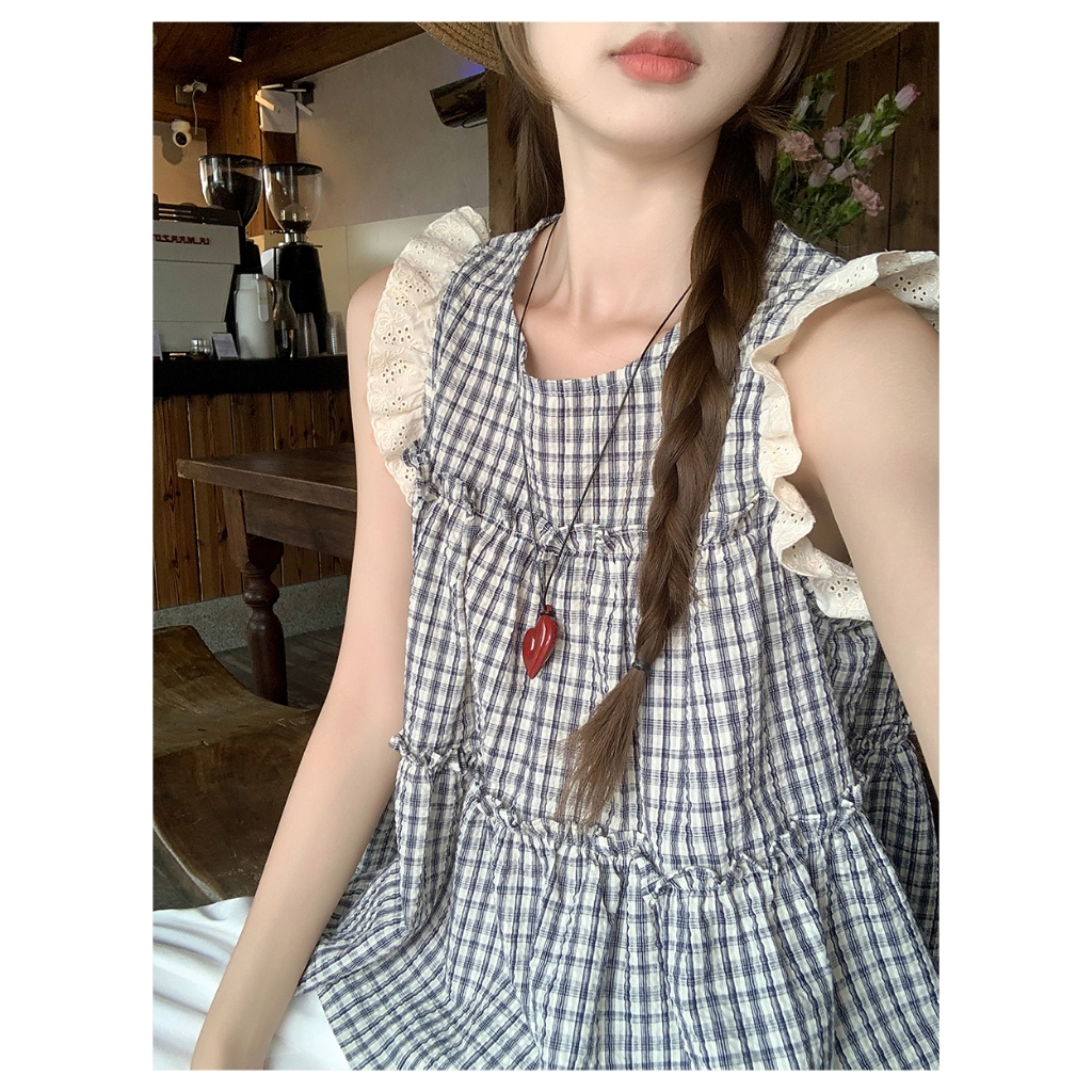 เสื้อเเขนกุด เสื้อกั๊ก สไตล์เกาหลี ลายสก๊อต ขอบลูกไม้#92357 รูปที่ 6