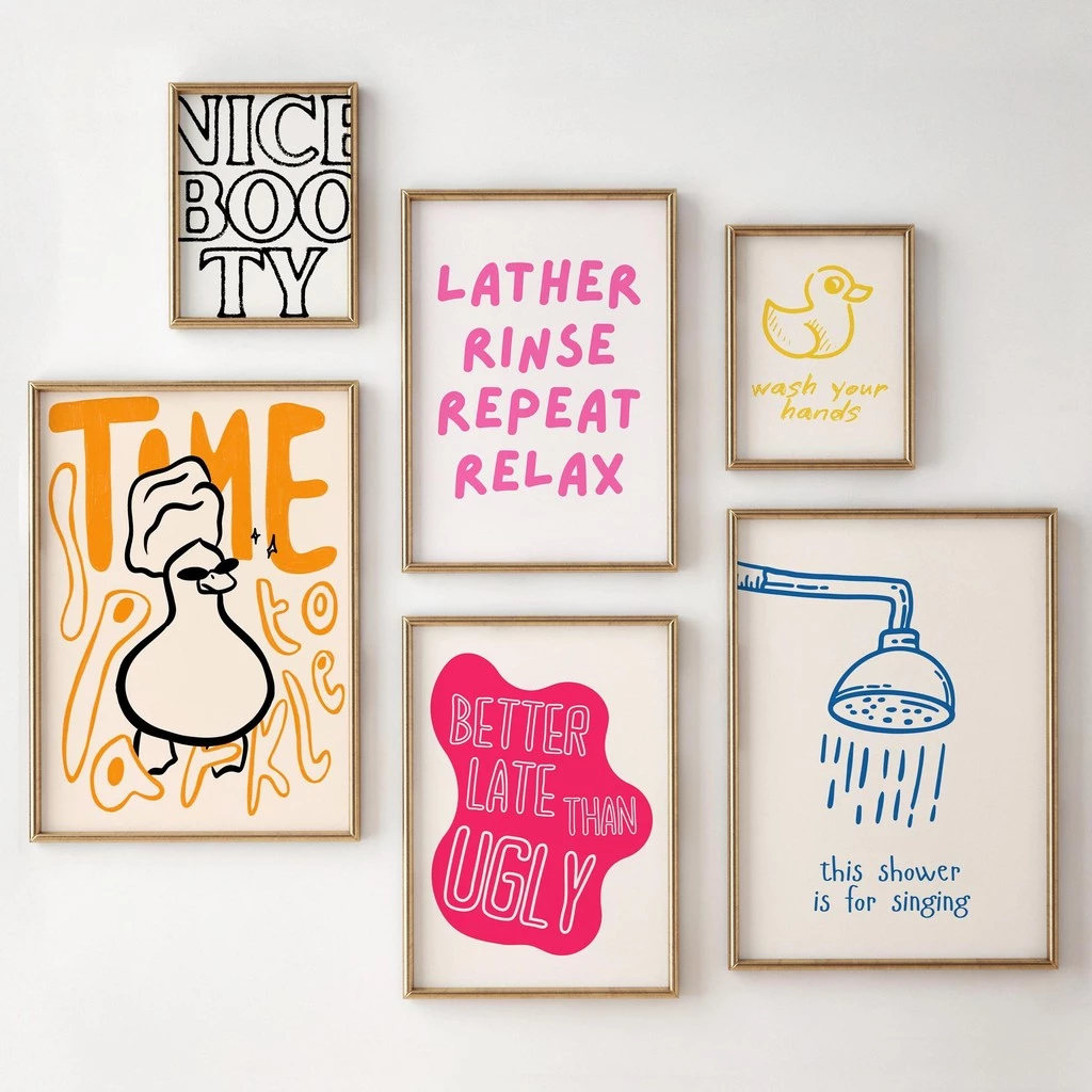 (พร้อมส่งจากไทย ภาพรวมกรอบ)ภาพ Minimalist หัวฝักบัวตลกเป็ด Quotation ตกแต่งห้องน้ํา