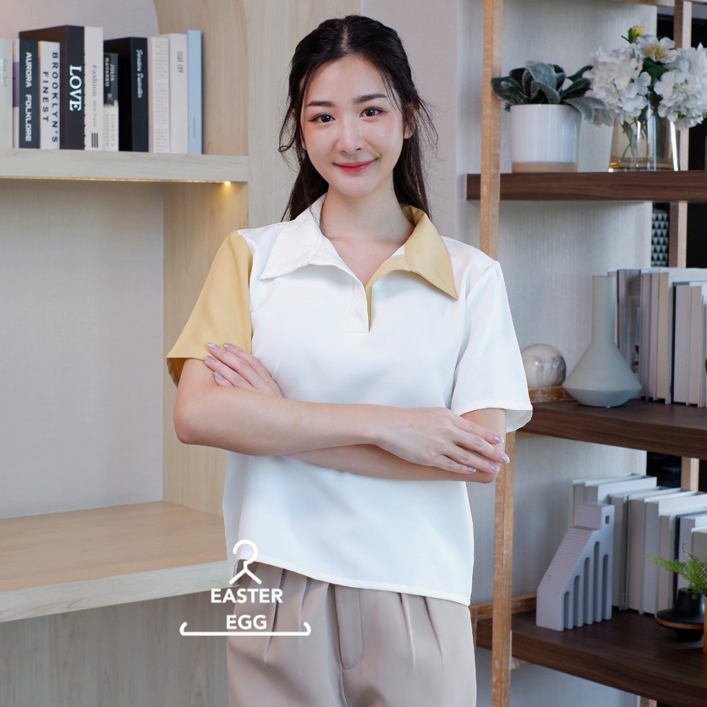 E17 เสื้อทํางานผู้หญิง คอปก เสื้อยืด แฟชั่น แต่งทูโทนที่ปกและปลายแขนเสื้อ Easter Egg