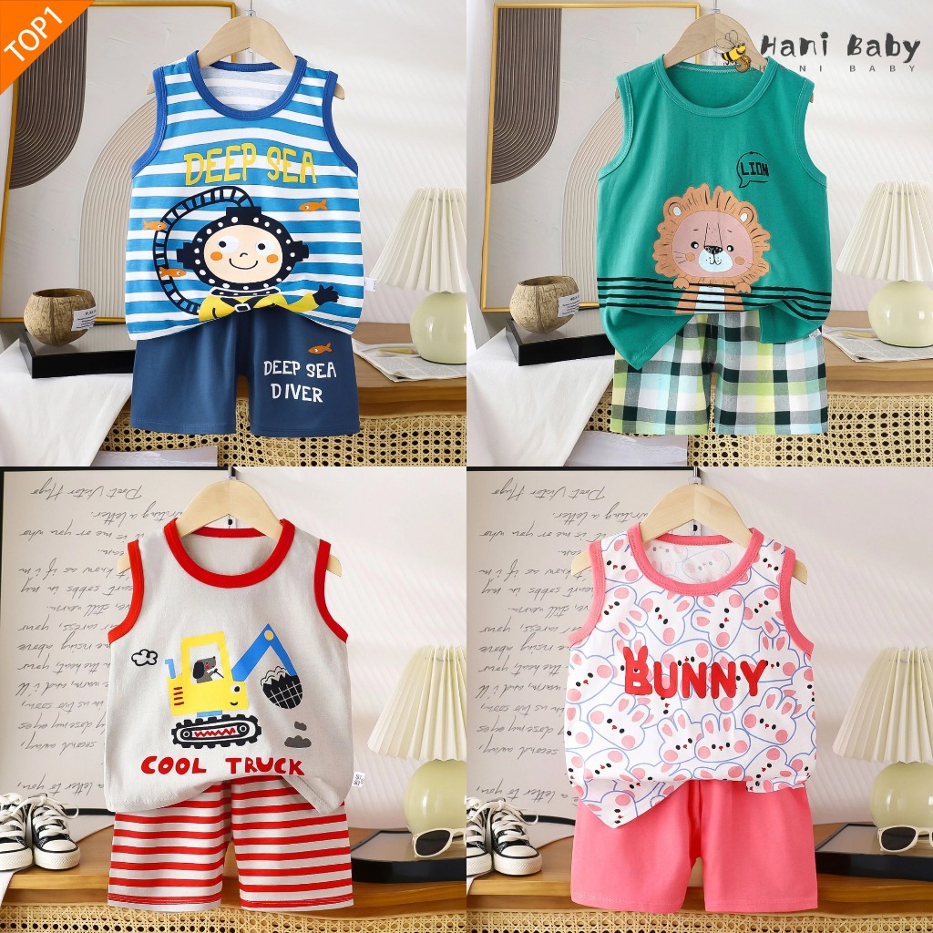 เสื้อแขนกุดเด็ก+กางเกงขาสั้น ชุดเซทเด็ก2ชิ้น ผ้าเบา ใส่เย็นสบาย สวมใส่ง่าย ลายการ์ตูนน่ารัก