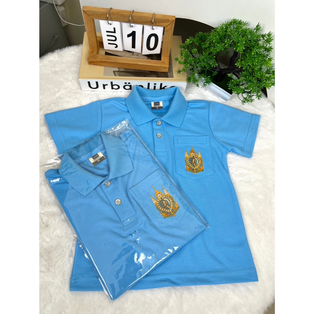 พร้อมส่ง เสื้อฟ้าวันแม่ ปักใหม่ โปโล เสื้อสีฟ้าล้วน เสื้อเด็ก