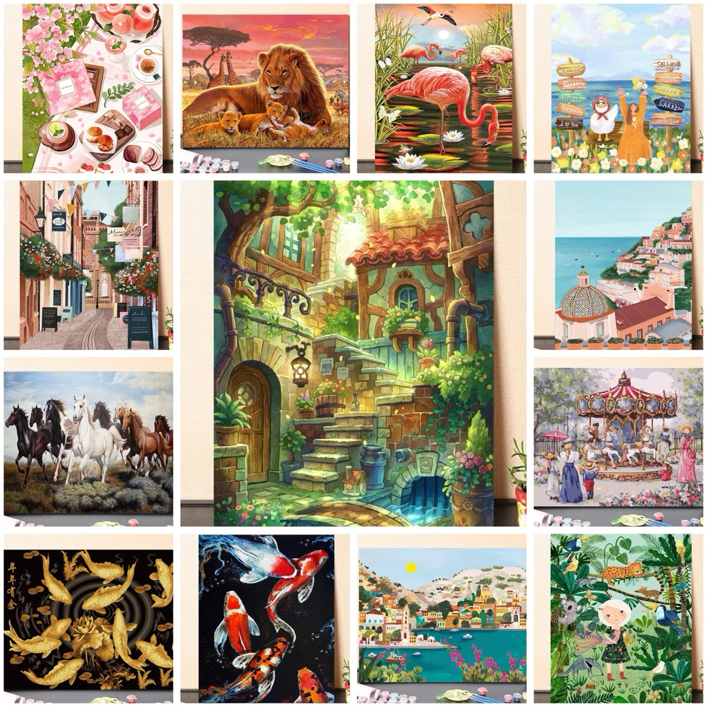 ภาพระบายสีตามตัวเลข ขึงเฟรมไม้พร้อมอุปกรณ์ ขนาด 40×50 CM ของขวัญ DIY สำหรับตกแต่งบ้าน