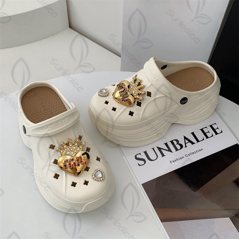 SHO-SUNG-96 รองเท้าส้นตึกหัวโต สูง 8 cm. พื้นนิ่มใส่สบาย รองเท้าสไตล์เกาหลี วัสดุEVA สีพื้นน่ารัก แถมตัวติดน่ารัก