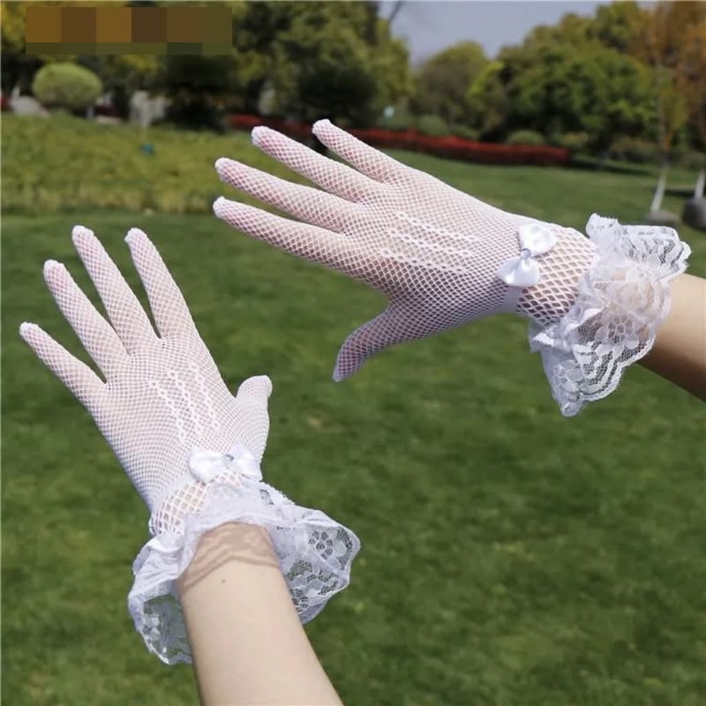 ถุงมือผู้ใหญ่ตาข่ายสีขาว สีดำมีระบายแต่งโบ ยืดได้เยอะ