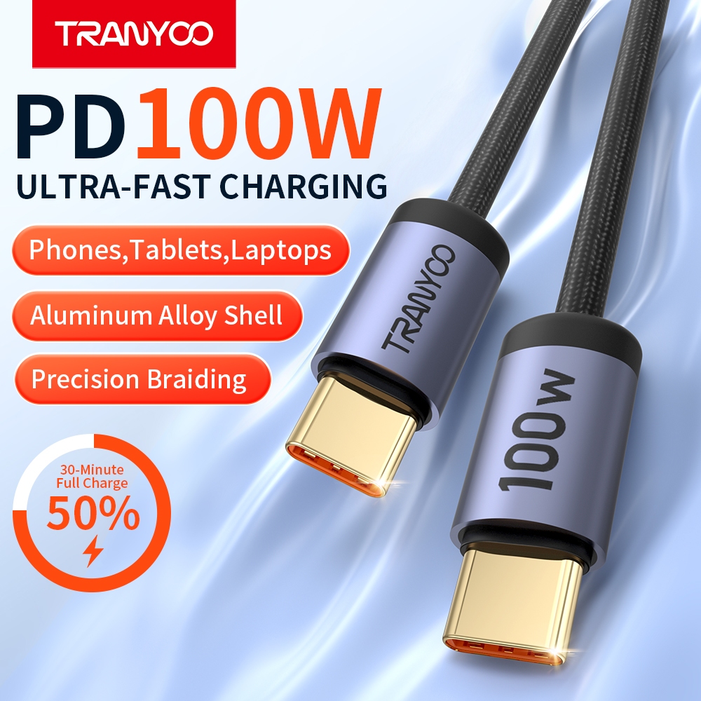 TRANYOO PD100W สายข้อมูลชาร์จเร็ว Type-C ยาว 2 เมตร ชิป E-MARKER รองรับการชาร์จสำหรับโทรศัพท์มือถือ