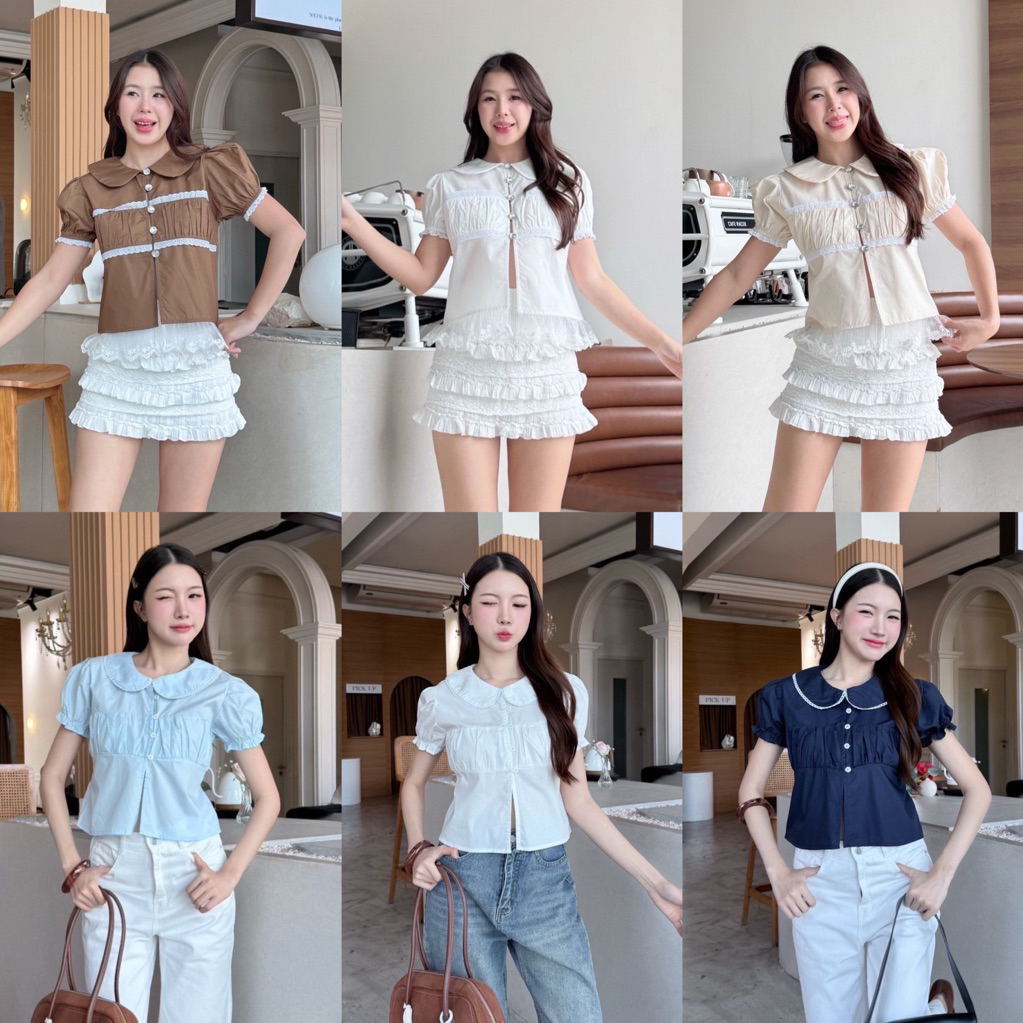 🩵 Nicha Top เสื้อเชิ้ตคอบัวแขนตุ๊กตา งานกระดุมหน้า มีเชือกผูกเอว/แต่งชายลูกไม้